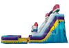 Colorful inflatable water slide with a pool on a white background