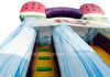 Colorful inflatable slide with watermelon design on top, featuring a yellow step and blue sides.