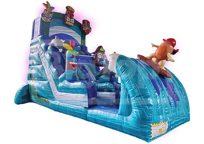 Big Top Inflatables 19-foot Tiki Wave Water Slide for sale, colorful tropical-themed inflatable water slide perfect for summer events and parties