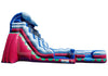 A large inflatable water slide playground with a mountain-style ramp, featuring blue, white, pink, and red sections, set against a plain white background.