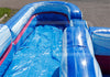 Blue and white inflatable pool slide with a shiny plastic slide surface, photographed outdoors on pavement.