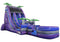 A 22' Purple Palm Tree XL Double Lane Water Slide with a detachable pool at the top. The inflatable slide is designed with lush palm trees and features two slide lanes in a purple, gray, and blue color scheme.