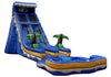 Inflatable water slide with tropical design on a white background