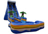 Inflatable water slide with blue and yellow design on a white background