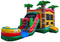 A colorful inflatable bounce house with a palm tree and coconut tree design, featuring a slide and splash landing area.