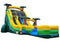 An inflatable water slide with a tropical palm tree theme, featuring two slide lanes, a detachable pool, and safety netting.